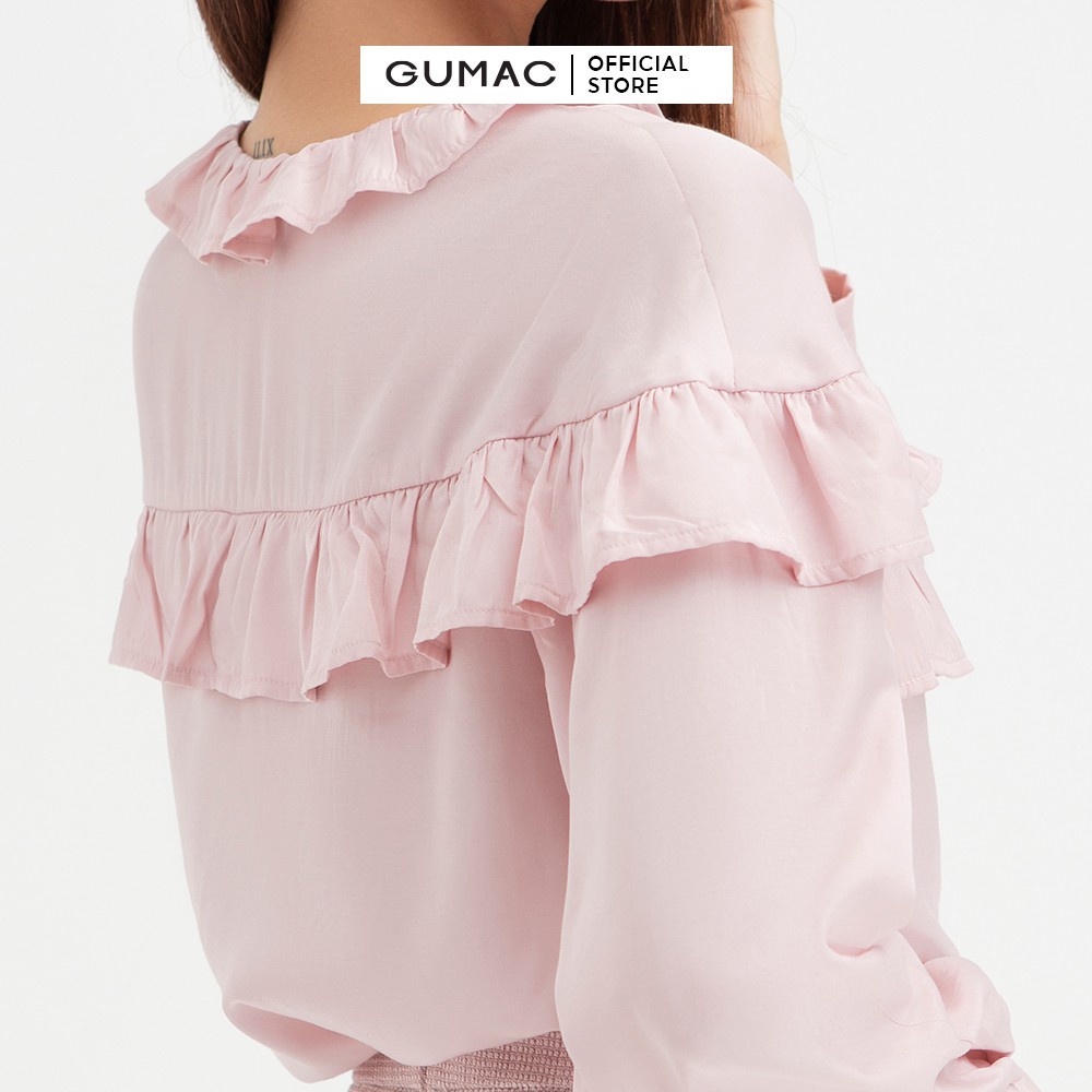 [Mã WABRGUM giảm 10% tối đa 30K đơn 99K] Áo sơ mi kiểu nhún bèo ngực GUMAC màu hồng trơn sang trọng AB451 | BigBuy360 - bigbuy360.vn