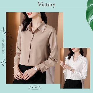 Áo sơ mi công sở nữ đẹp vải lụa satin phi bóng kiểu Hàn Quốc tay dài hàng cao cấp màu Trắng Be Đen VICTORY SKU 908