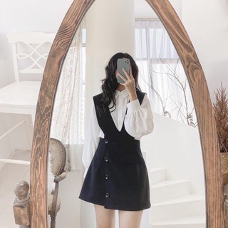 Sơ mi cổ đức tay bồng + yếm váy khuy lệch