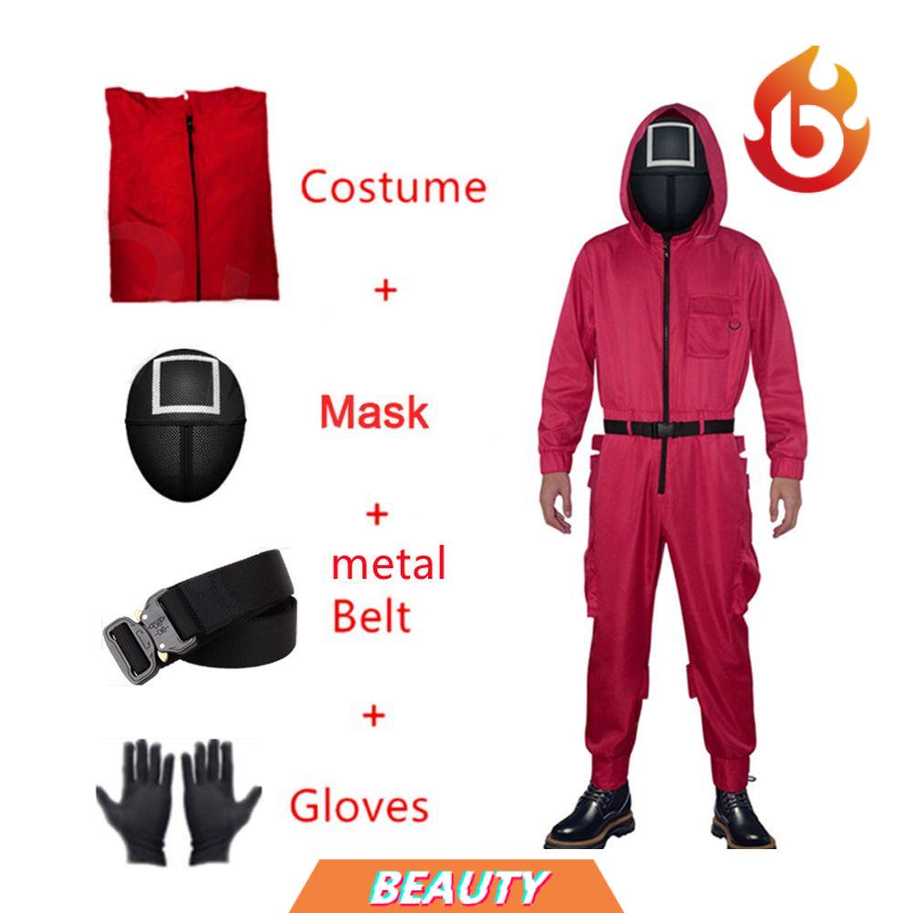 Set 4 món găng tay đen + áo liền quần đỏ + thắt lưng + mặt nạ hóa trang halloween cho người lớn