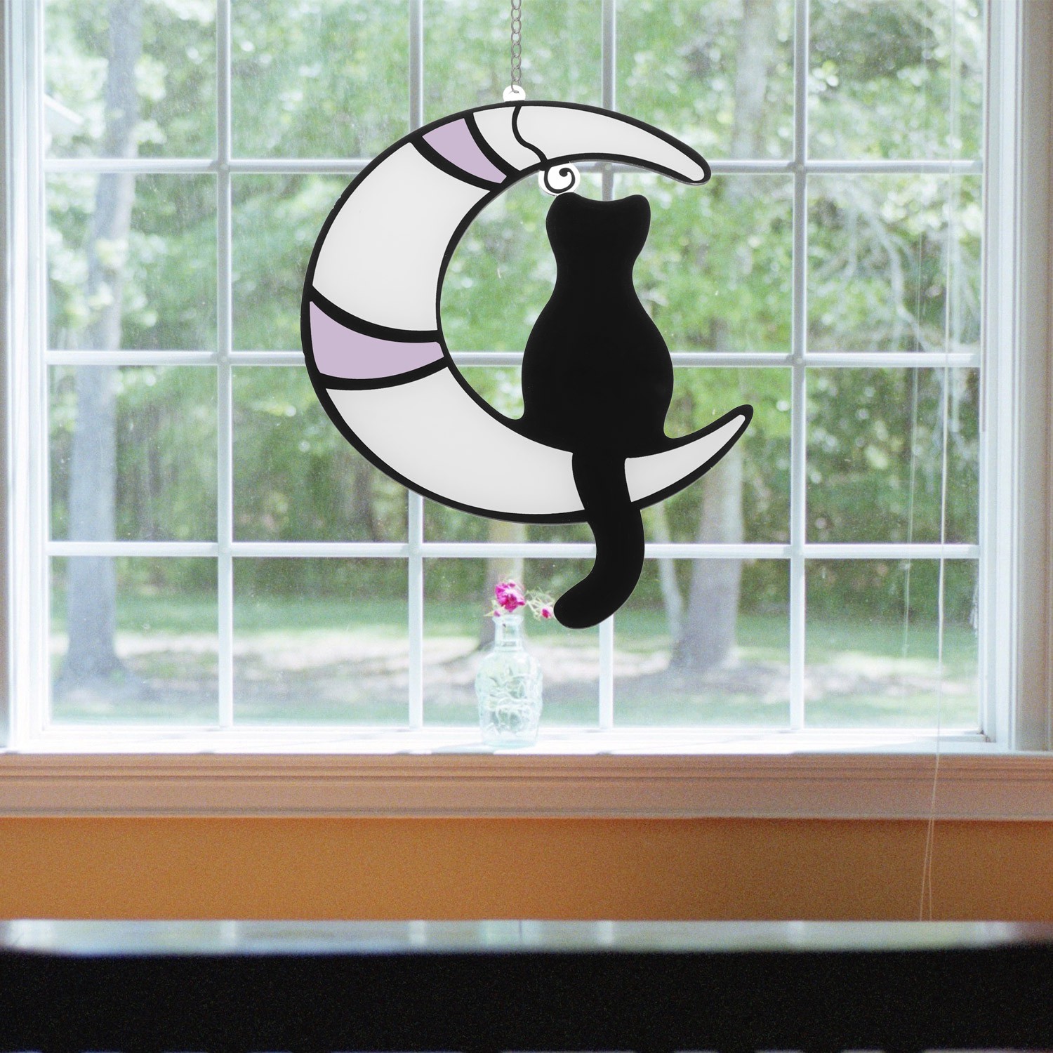 LUCKY Moon Stained Glass Cat Glasses Black Cats Sun Catchers Ornament Home Decor Window Hanging Suncatchers For Windows Cat Garden Decor/Multicolor