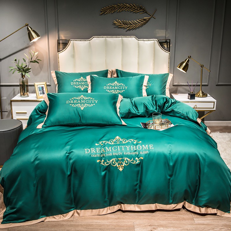 Bộ chăn ga gối lụa Dream City Home tân cổ điển, Chất Liệu phi lụa không nhăn mềm mịn,thoáng mát họa tiết thêu sang trọng