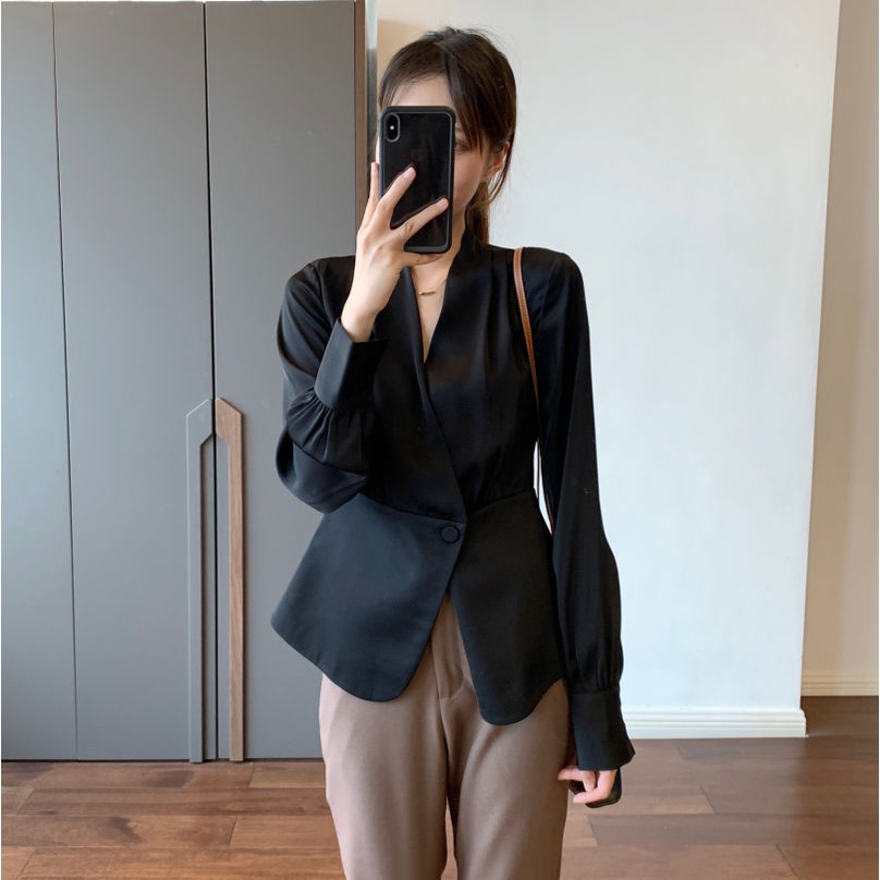 Áo kiểu BH tay dài cổ chữ V phong cách vintage thời trang mùa xuân 2022