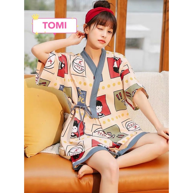 Bộ ngủ KIMONO, bộ pijama nữ buộc dây hình cậu bé ngắn tay - TOMI BOUTIQUE