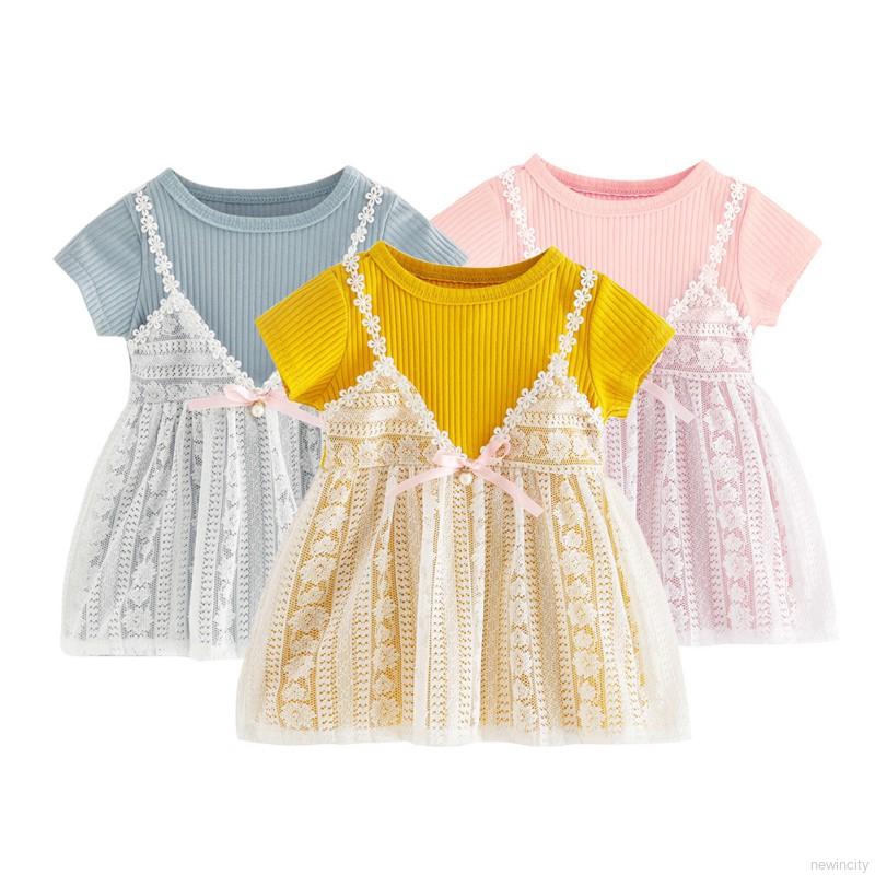 Đầm tutu tay ngắn giả 2 mảnh phối ren thời trang công chúa mùa hè cho bé gái