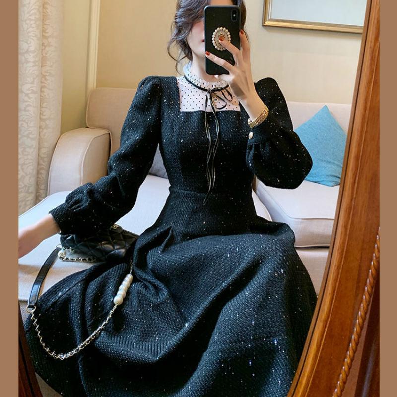 Váy dự tiệc màu đen kiểu dáng thời trang phong cách retro thu đông