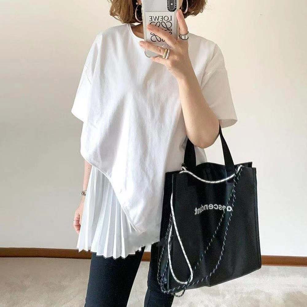 Japanese and Korean Style Ins Women's Blouse Pleated Stitching Loose Shirt Round Neck Spring and Summer Cotton Shirt Asymmetric Mid-length T-shirt