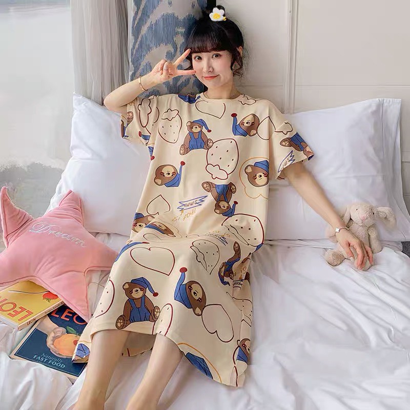 Váy ngủ cộc tay, Đầm ngủ dáng suông chất cotton mềm mát họa tiết hoạt hình dễ thương bầu bí bon chen V287