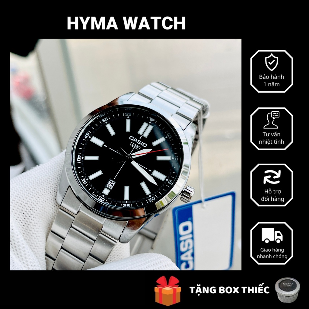 Đồng hồ nam kim da quang Casio MTP VD02D-1E Dây thép mặt đen Size 41mm chống nước 5ATM Bảo hành 1 năm Hyma watch