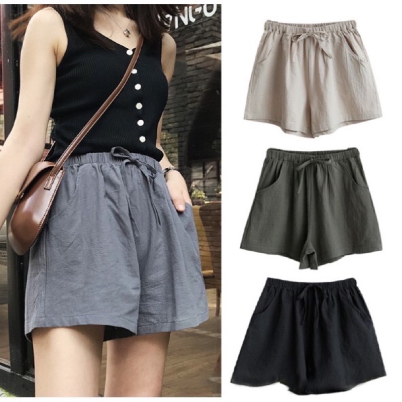 Quần short nữ, quần đùi nữ ống rộng cạp chun chất đũi - fashionworld18