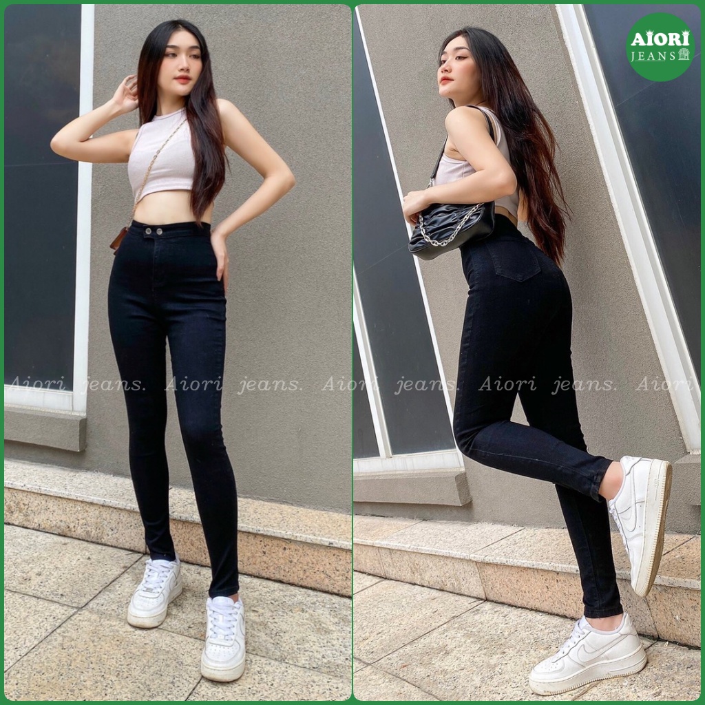 [SIÊU CO GIÃN]Quần Jeans Nữ AIORI dài lưng cao không túi 2 nút bấm 4 màu bò trơn skinny jeans ôm tôn dáng co giãn tốt