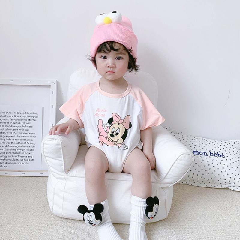 Bộ Áo Liền Quần Ngắn Tay In Hình Chuột Mickey Minnie Dành Cho Bé