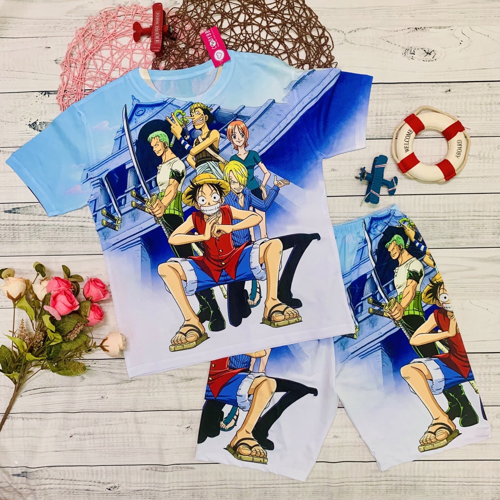 Bộ đồ thun lạnh cho bé, bộ cộc tay bé trai in hình Luffy thun mềm, mịn size đại từ 10 - 50kg