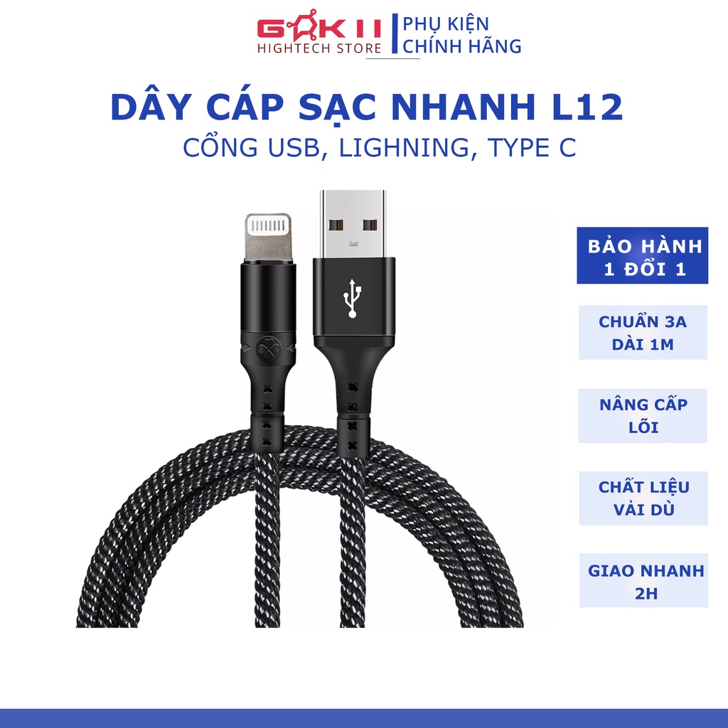 Dây Cáp Sạc Nhanh Hukey L12 Bền,Chuẩn 3A,Type C Cho ĐT,tablet táo