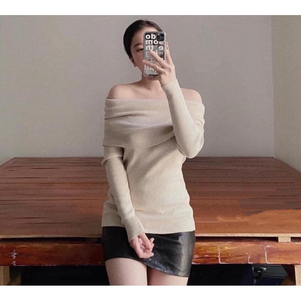 Áo len trễ vai màu đen nâu đỏ đô ulzzang Hàn Quốc thời trang yolo fashion