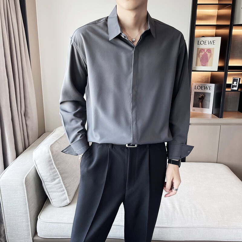 Áo Sơ Mi Polo Tay Dài Màu Trơn Thời Trang Hàn Quốc Màu Trơn Cho Nam