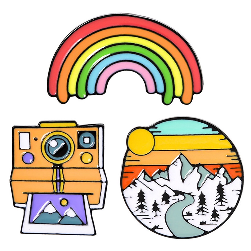 Ghim cài áo trang trí hình dạng cầu vồng/máy ảnh polaroid/họa tiết mặt trời lặn phong cách hoạt hình