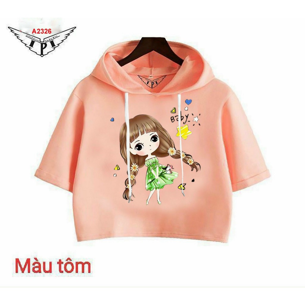 Áo croptop bé gái dạng hodie thun cotton xinh mát size đại cồ