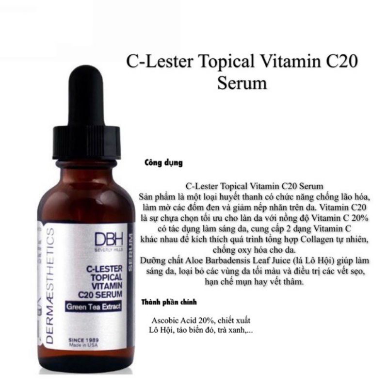 DBH C-Lester Topical Vitamin C20 Serum là sự chựa chọn tối ưu cho làn da với nồng độ Vitamin C 20%