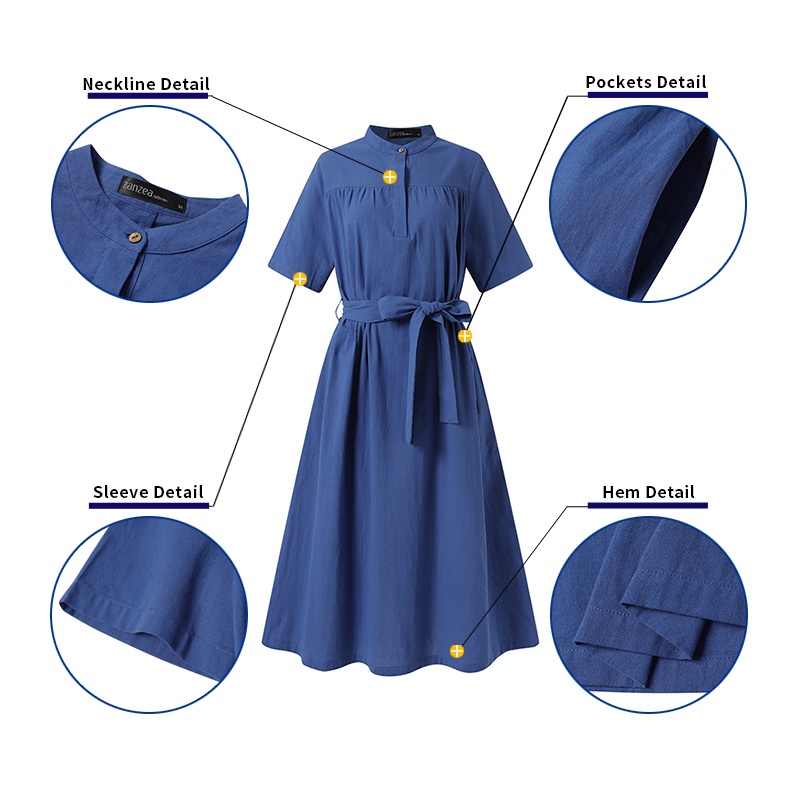 Đầm ZANZEA cổ đứng tay lửng màu trơn buộc dây thời trang cho nữ