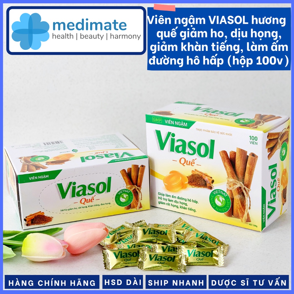 Viên ngậm VIASOL hương quế giảm ho, dịu họng, giảm khàn tiếng, làm ấm đường hô hấp