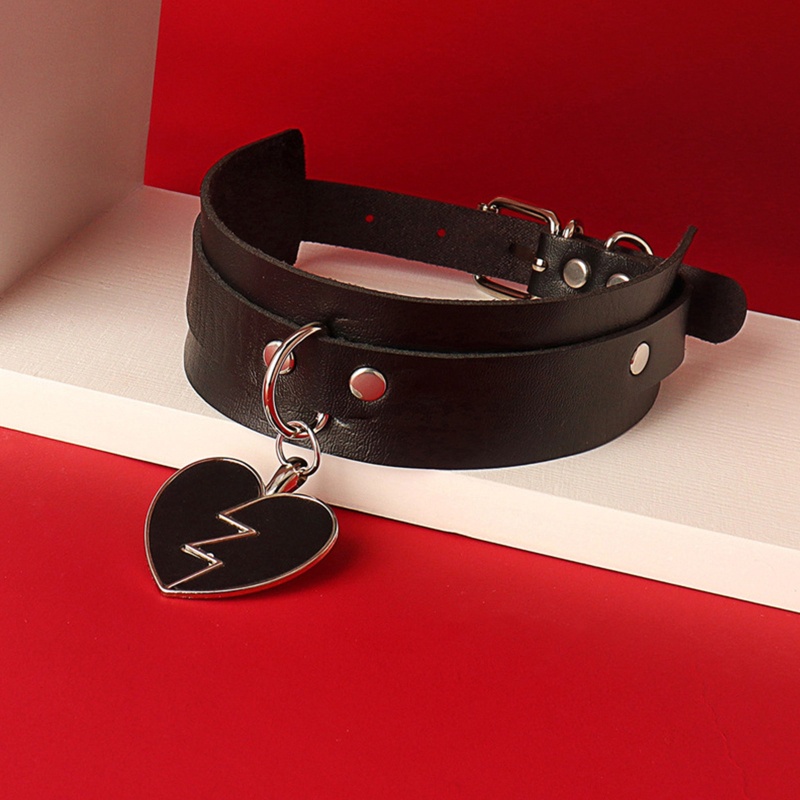Vòng Cổ Choker Da Pu Màu Đen Phối Mặt Trái Tim Vỡ Có Thể Điều Chỉnh Kích Cỡ