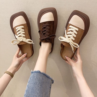 Mango Mũi Vuông Ren-Up Ngón Chân Nửa Dép Sinh Viên Flat Slip-On Giày Trắng Giày Vải