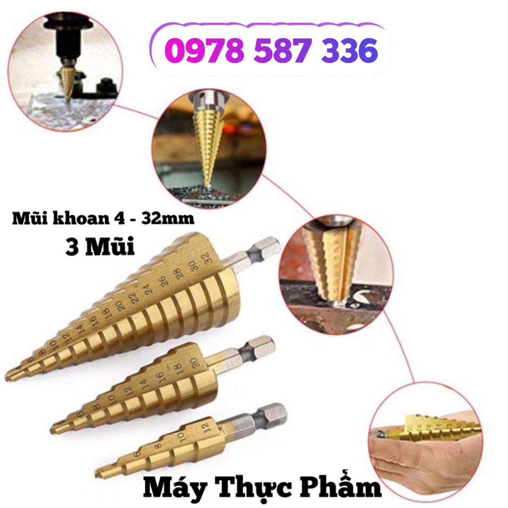 3 mũi khoan tháp, bước phủ titan siêu cứng 4-32mm (nhiều cỡ lỗ trong 1 mũi khoan)
