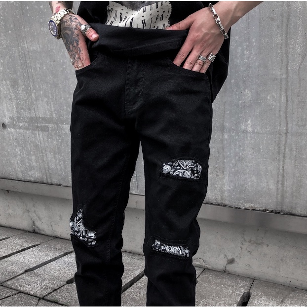Quần Jeans Rách gối Bandana phong cách đường phố, Quần bò nam phong cách Streetwear