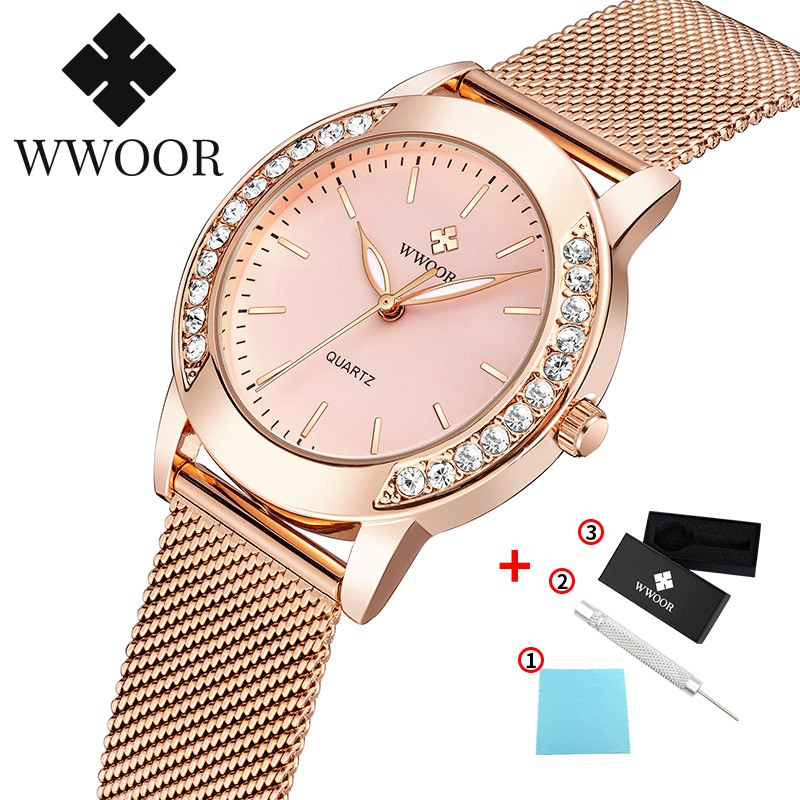 Đồng hồ WWOOR 8877 máy quartz thép không gỉ mạ vàng hồng chống thấm nước thời trang