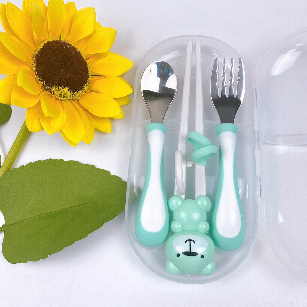 Bộ 3 thìa nĩa đũa tập ăn hình gấu cao cấp kèm hộp đựng cho bé