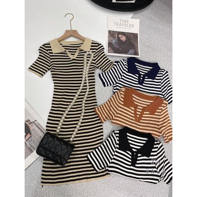 Váy body kẻ cổ bẻ viền Quảng châu