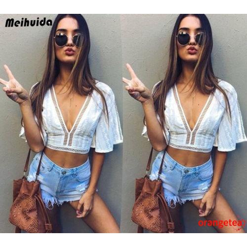 Women's Daily Slim Fit Deep V-Neck Hollow Out Short Tops