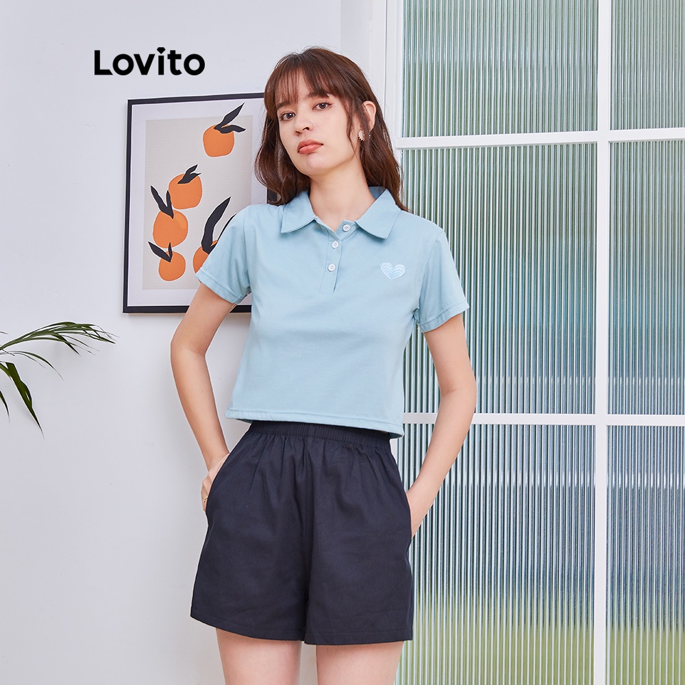 Quần short Lovito lưng cao màu trơn đơn giản dáng rộng phong cách cơ bản có túi L04154 (màu đen) | BigBuy360 - bigbuy360.vn