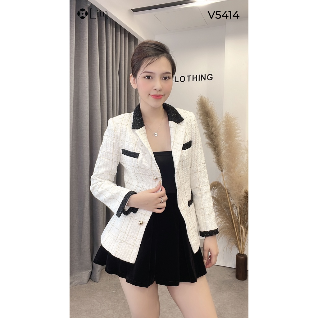 Áo vest dạ tweed màu trắng viền đen phong các sang trọng, thời thượng Liin Clothing V5414 | BigBuy360 - bigbuy360.vn