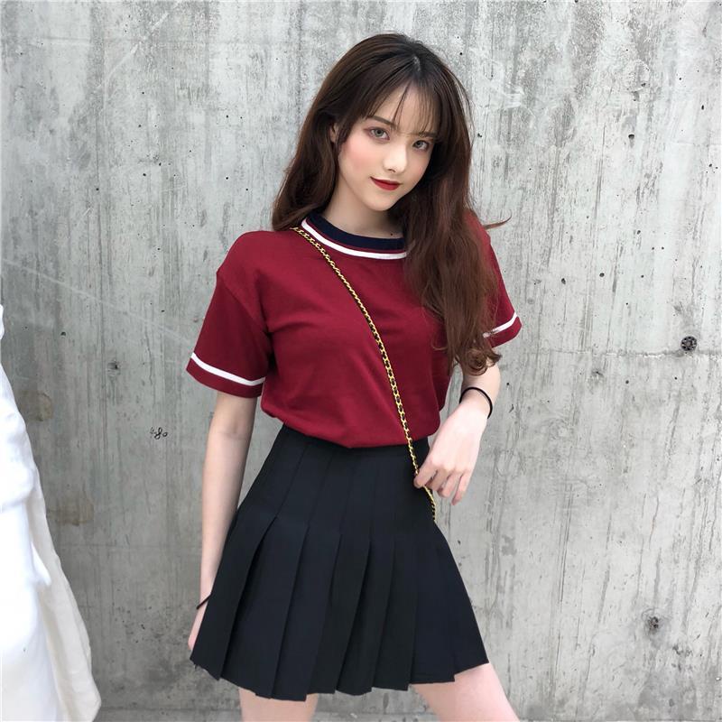 AMOI Áo Thun Tay Ngắn Cổ Tròn Màu Sắc Tương Phản Phong Cách Retro Dành Cho Nữ