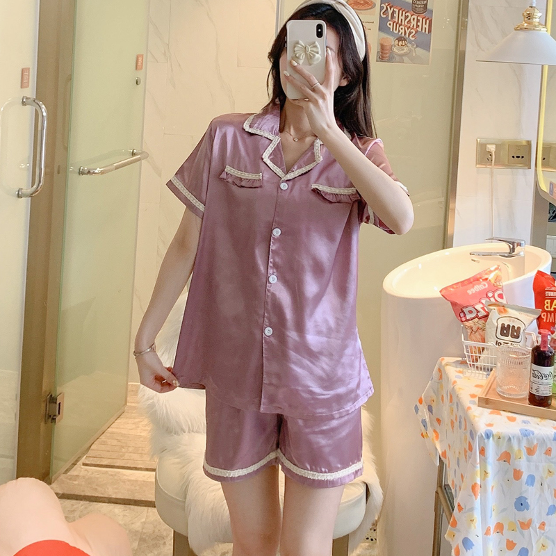 Bộ Đồ Ngủ Lụa Satin Ngắn Tay Phối Ren Phong Cách Hàn Quốc Cho Nữ Size M-2Xl #9
