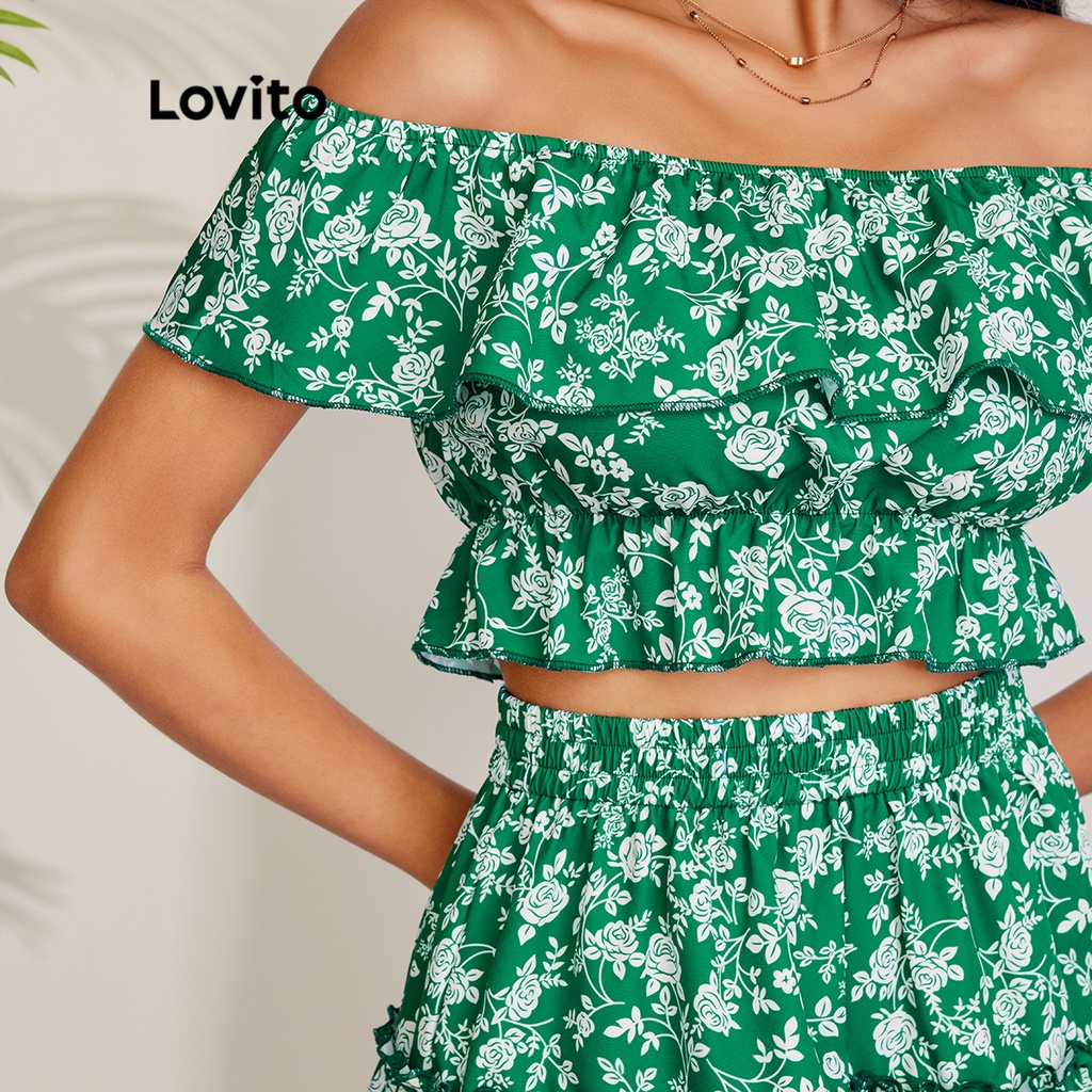 Bộ chân váy Lovito trễ vai thiết kế xếp lớp phong cách lãng mạn L27LD166 (màu xanh lá)