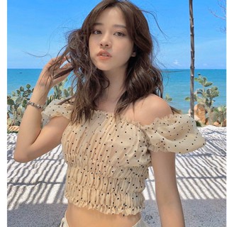 Croptop nude chấm bi nhún chỉ