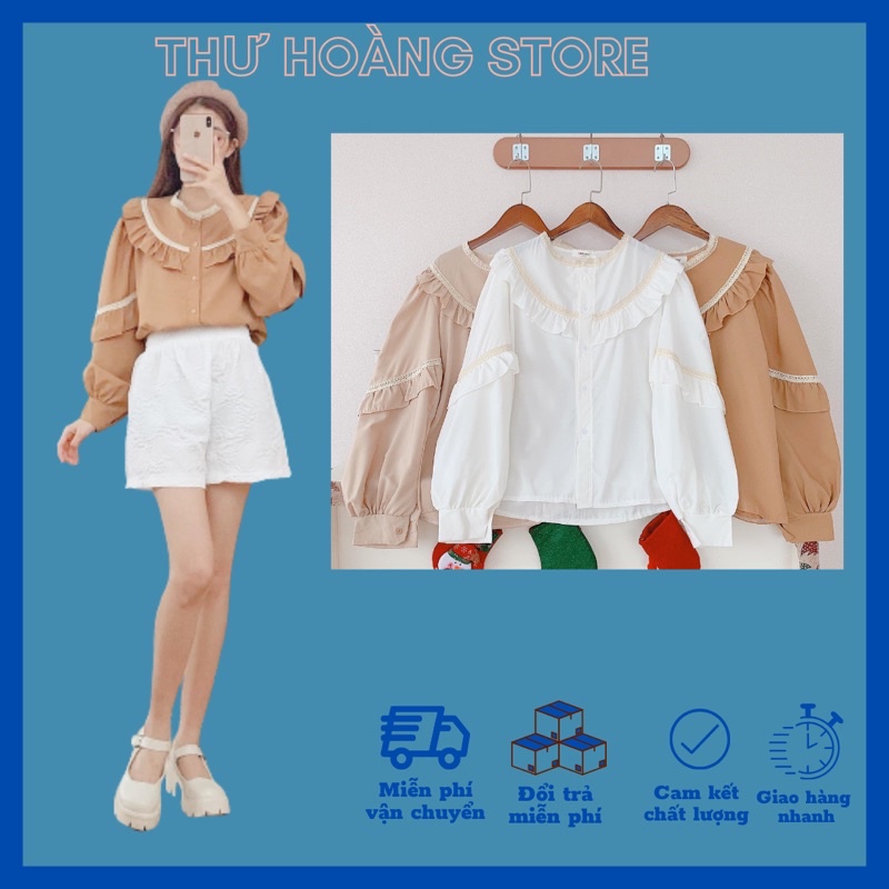 Áo Sơmi Cổ Bèo Tay Phồng Tiểu Thư Tay dài ba màu cổ tròn phối ren phong cách Hàn quốc