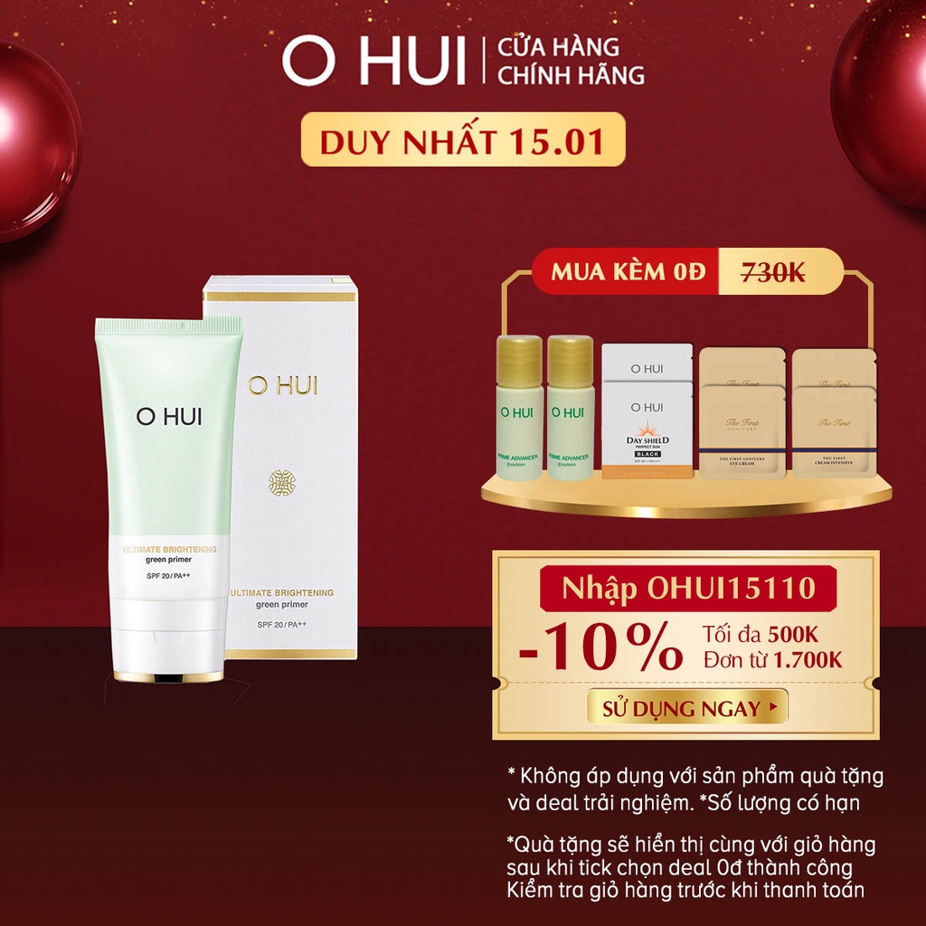 [Mã COSOS3 giảm 10%]Kem lót nâng tông che phủ vết mụn ửng đỏ OHUI Ultimate Brightening Green Primer 45ml