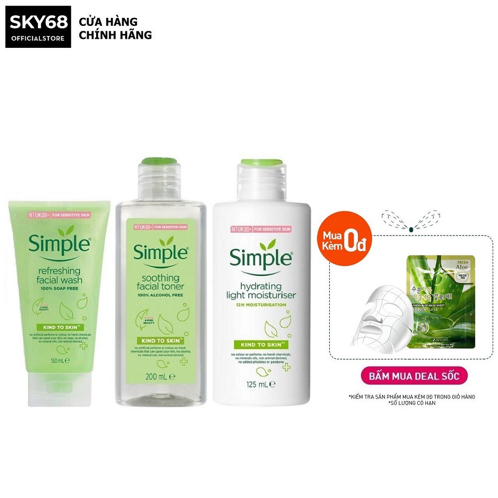 Bộ 3 Sản Phẩm Giúp Da Sạch Sâu, Cấp Ẩm Và Nuôi Dưỡng Da Sáng Khỏe SIMPLE (SRM 150ml + Toner 200ml + Sữa dưỡng 125ml)