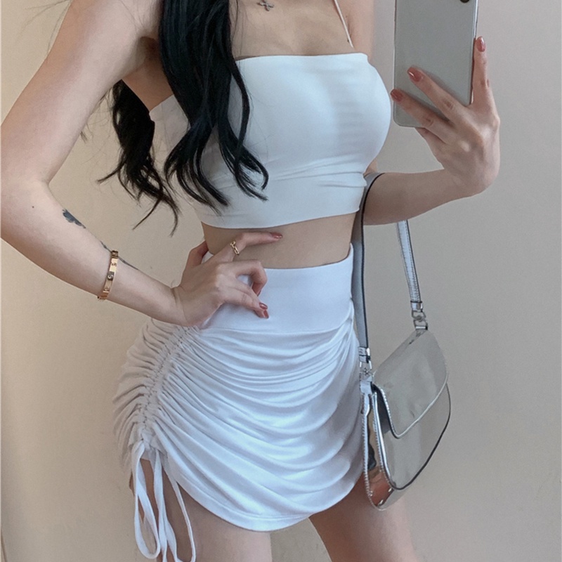 Chân Váy Lưng Cao Màu Trơn Phối Dây Rút Thời Trang Cho Nữ