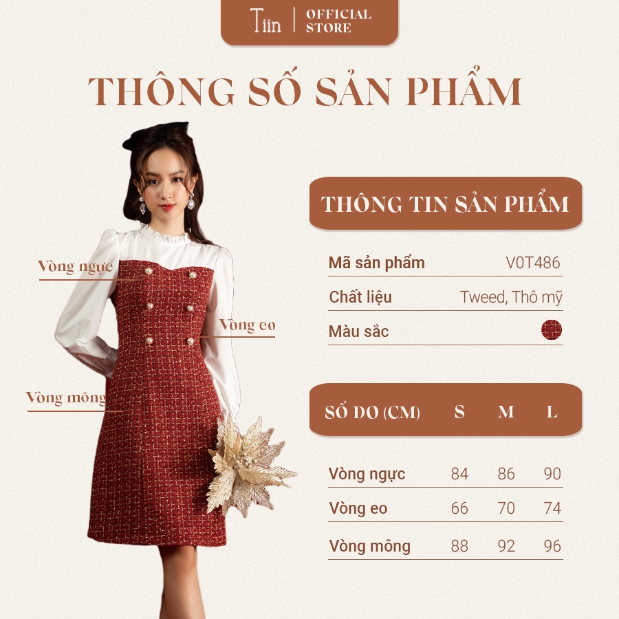 [Mã 11FASHIONSALE giảm 12% đơn 99K] Váy dạ tweed đỏ phối trắng 6 khuy TIINSTORE V0T486 | BigBuy360 - bigbuy360.vn