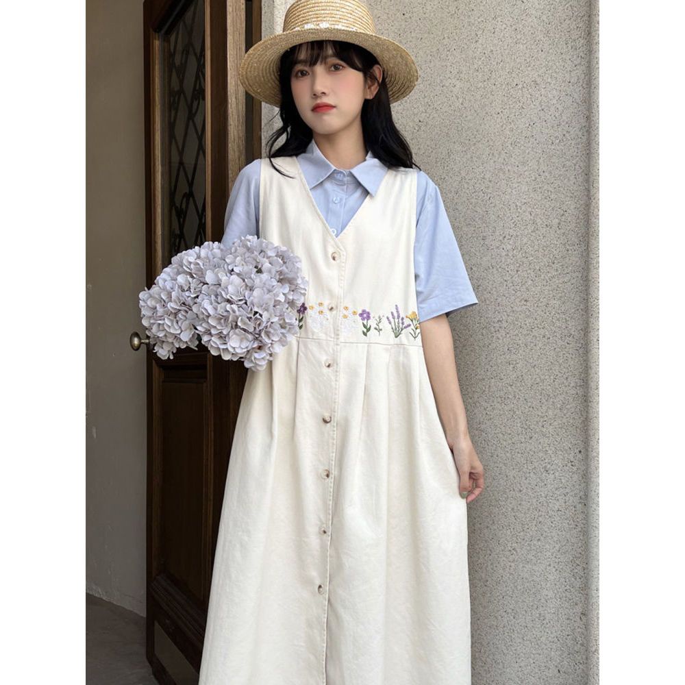 Đầm Ngắn Tay Cổ Chữ V Thêu Họa Tiết Phong Cách Hàn Quốc Cho Nữ