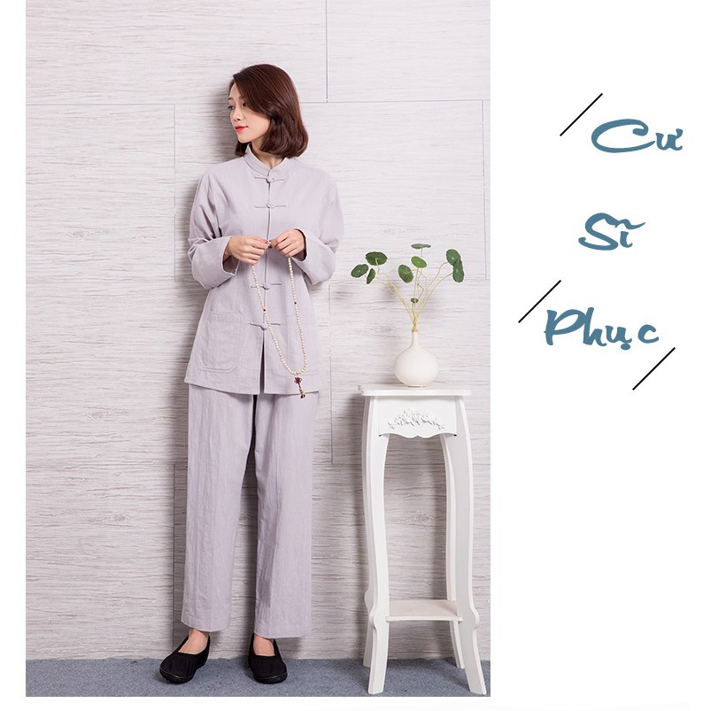 Bộ cư sĩ phục tay dài nút tàu 2 túi (vải cotton xốp & kate)