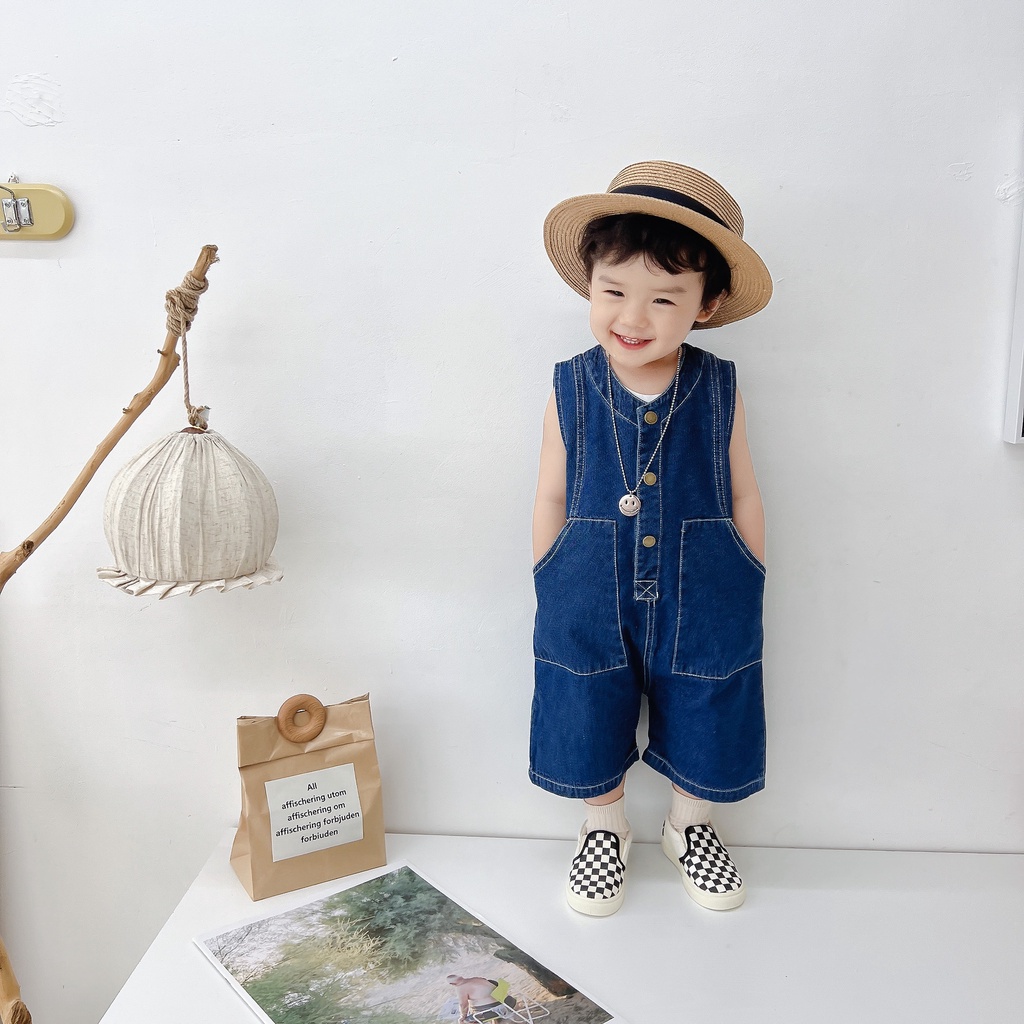 Áo Liền Quần Không Tay Chất Liệu Denim Mềm Mại Thời Trang Mùa Hè 2022 Cho Bé 1-5 Tuổi