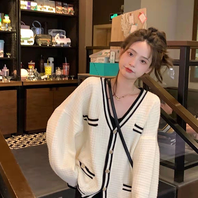 Áo cardigan khoác len nữ dệt kim dài tay basic đen trắng cổ V len nổi thời trang retro D-14