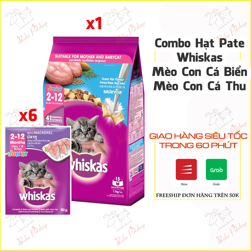 Thức Ăn Cho Mèo Con Whiskas Hạt Vị Cá Biển Với Sữa 1.1kg + Pate Mèo Whiskas Vị Cá Thu 80g