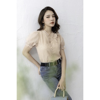 Áo cổ mở cúc bọc hoa be 07.22